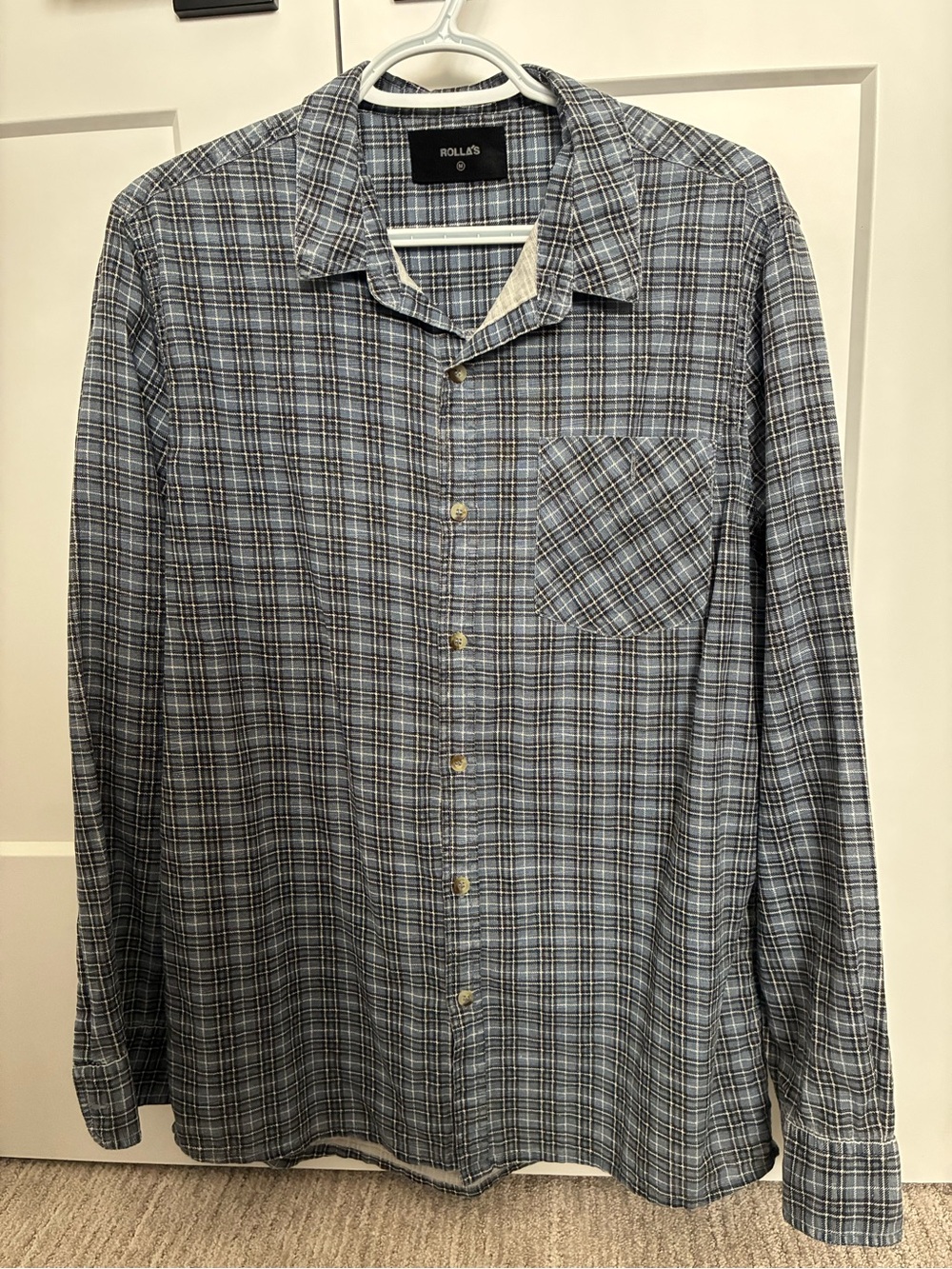ROLLA'S Men's Medium Gray and Blue Plaid Button-Down Shirt